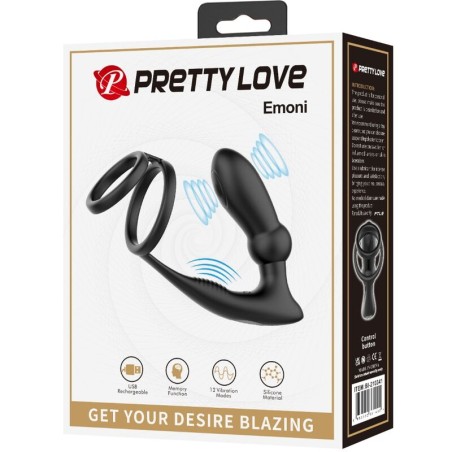PRETTY LOVE - EMONI ANILLO PENE + PLUG ANAL 12 VIBRACIONES NEGRO PRETTY LOVE
