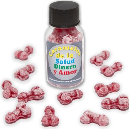 DIABLO PICANTE - 12 CARAMELOS DE LA SALUD-DINERO-AMOR FORMA PENE FRESA/CEREZA DIABLO PICANTE