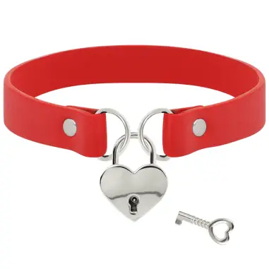 Collar Cuero Vegano Rojo Accesorio Corazón con Llave - BDSM