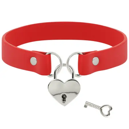 Collar Cuero Vegano Rojo Accesorio Corazón con Llave - BDSM