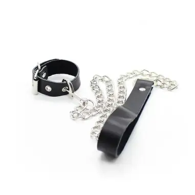 Collar para Pene y Correa Piel con Cadena Metalica - BDSM