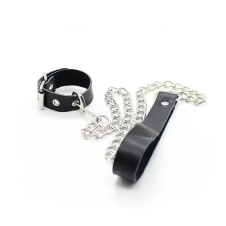 Collar para Pene y Correa Piel con Cadena Metalica - BDSM