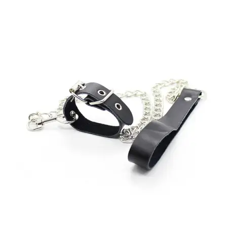 Collar para Pene y Correa Piel con Cadena Metalica - BDSM