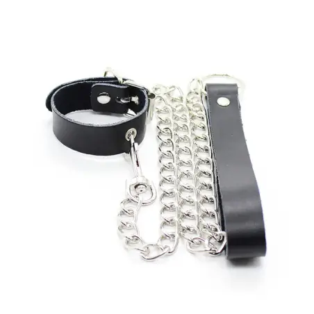 Collar para Pene y Correa Piel con Cadena Metalica - BDSM