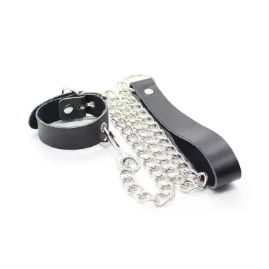 Collar para Pene y Correa Piel con Cadena Metalica - BDSM