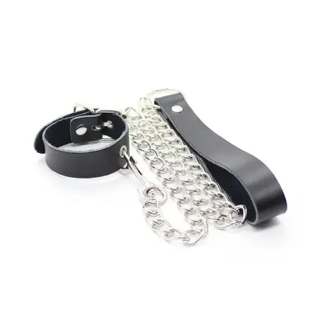 Collar para Pene y Correa Piel con Cadena Metalica - BDSM