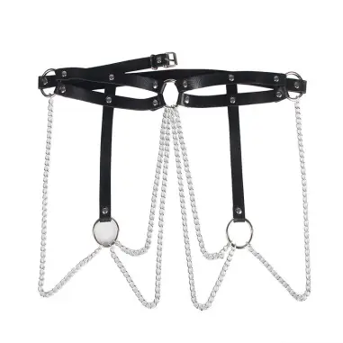 Cinturon de Cadenas Anillas Cuero Negro Talla Única