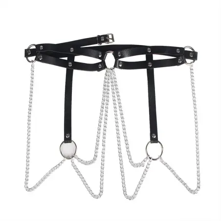 Cinturon de Cadenas Anillas Cuero Negro Talla Única