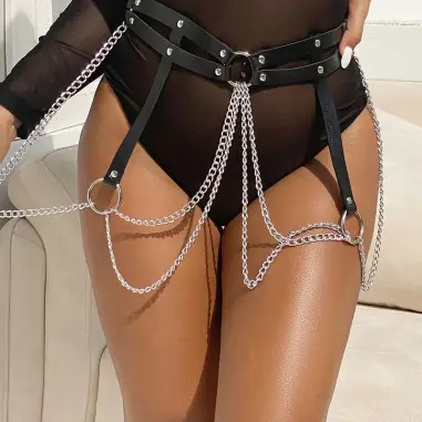 Cinturon de Cadenas Anillas Cuero Negro Talla Única