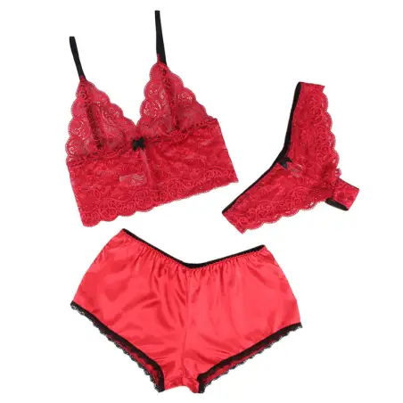 Set 3 Piezas Encaje y Saten Rojo S/M | Subblime