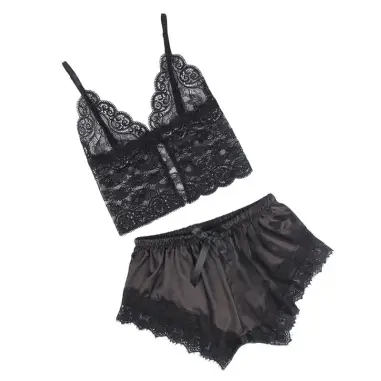 Pijama Sexy Saten y Encaje Negro S/M | Subblime