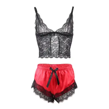 Pijama Sexy Saten y Encaje Negro/Rojo S/M | Subblime