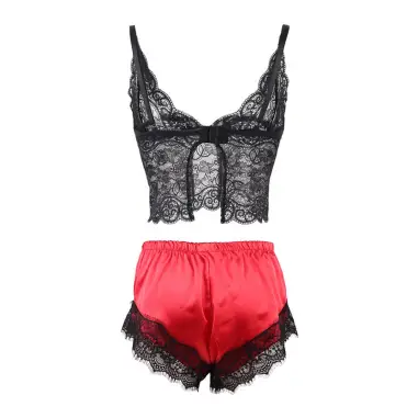 Pijama Sexy Saten y Encaje Negro/Rojo S/M | Subblime