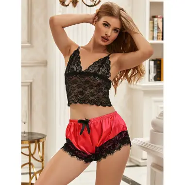 Pijama Sexy Saten y Encaje Negro/Rojo S/M | Subblime