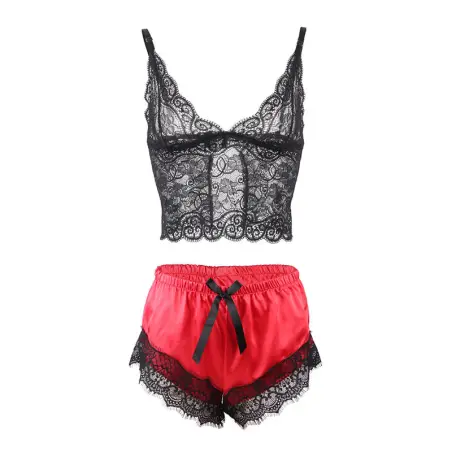 Pijama Sexy Saten y Encaje Negro/Rojo L/XL | Subblime