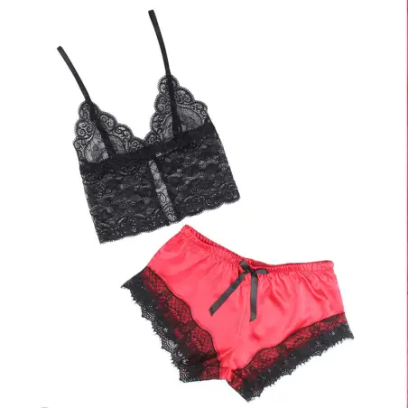 Pijama Sexy Saten y Encaje Negro/Rojo L/XL | Subblime