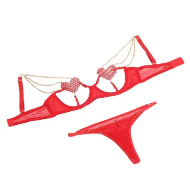 Conjunto Sujetador con Cadenas y Corazón de Malla Rojo L/XL