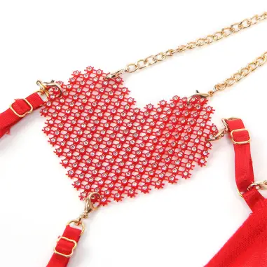Conjunto Sujetador con Cadenas y Corazón de Malla Rojo L/XL