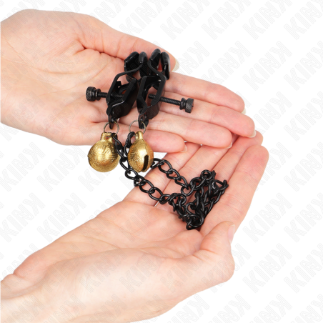 KINK - PINZAS PARA PEZONES PLANAS NEGRO CON CASCABEL Y CADENA PLATEADO 30 CM KINK NIPPLE GRIP