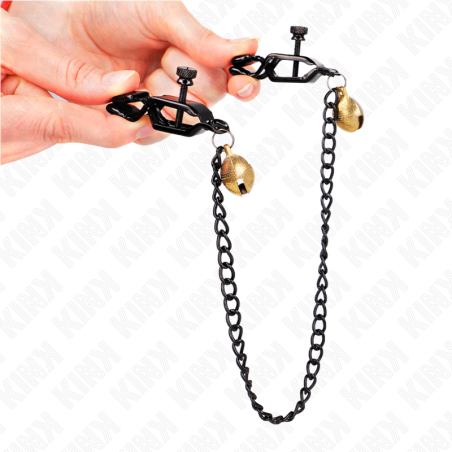 KINK - PINZAS PARA PEZONES PLANAS NEGRO CON CASCABEL Y CADENA PLATEADO 30 CM KINK NIPPLE GRIP