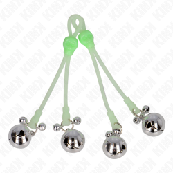 KINK - PINZAS PARA PEZONES LUMINOSAS FORMA CALABERA CON CASCABEL SONORO AJUSTABLE VERDE / PLATEADO KINK NIPPLE GRIP 2