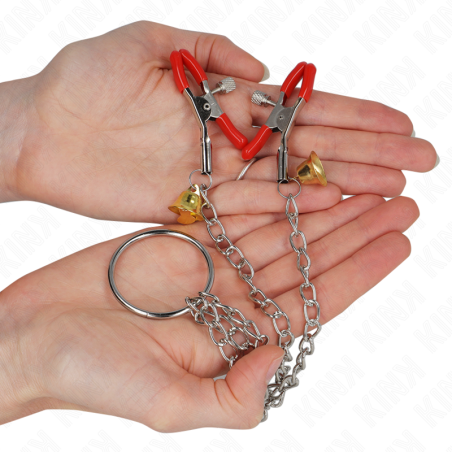 KINK - PINZAS PARA PEZONES Y CLÍTORIS ROJAS CON CASCABEL DORADO Y CADENA 30 CM KINK NIPPLE GRIP