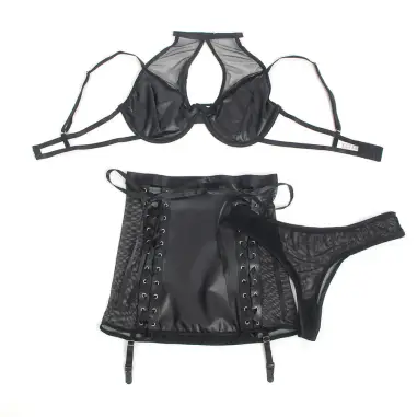 Conjunto Sujetador y Falda de Cuero Negro L/XL | Subblime