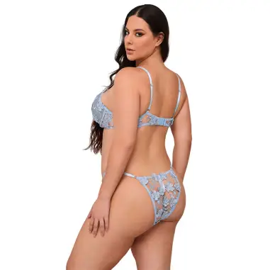 Conjunto Sujetador y Panties con Bordados de Flores Celeste