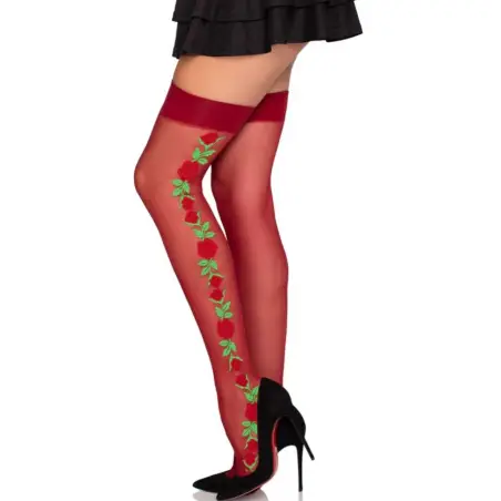 Medias de Liguero con Flores Rojas - Talla Única