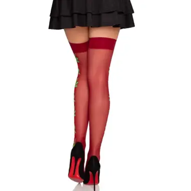 Medias de Liguero con Flores Rojas - Talla Única