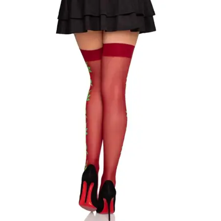 Medias de Liguero con Flores Rojas - Talla Única