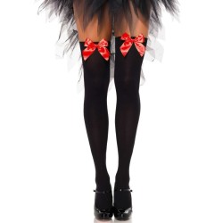 LEG AVENUE - MEDIAS ALTAS NEGRAS CON LACITO ROJO TALLA ÚNICA LEG AVENUE HOSIERY