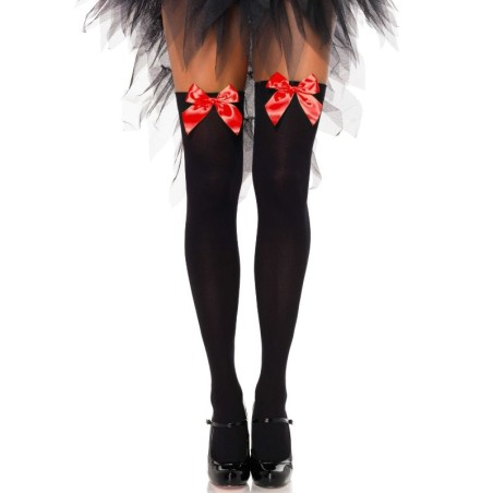 LEG AVENUE - MEDIAS ALTAS NEGRAS CON LACITO ROJO TALLA ÚNICA LEG AVENUE HOSIERY