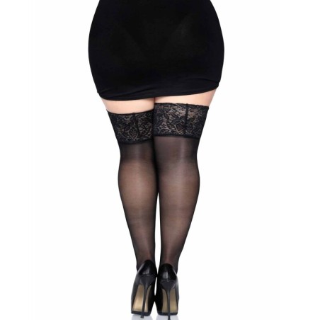 LEG AVENUE - MEDIAS NEGRAS AUTOADHESIVAS CON ENCAJE ANCHO PLUS SIZE LEG AVENUE HOSIERY