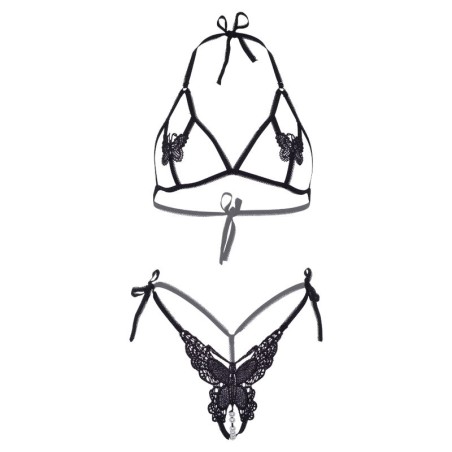 LEG AVENUE - SET DOS PIEZAS SUJETADOR Y TANGA DE MARIPOSAS Y PERLAS TALLA ÚNICA - NEGRO LEG AVENUE SETS