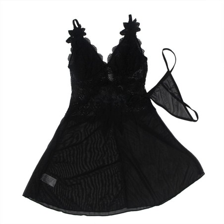 SUBBLIME - BABYDOLL TELA DE TUL DETALLE ENCAJE Y FLOR NEGRO L/XL SUBBLIME BABYDOLLS
