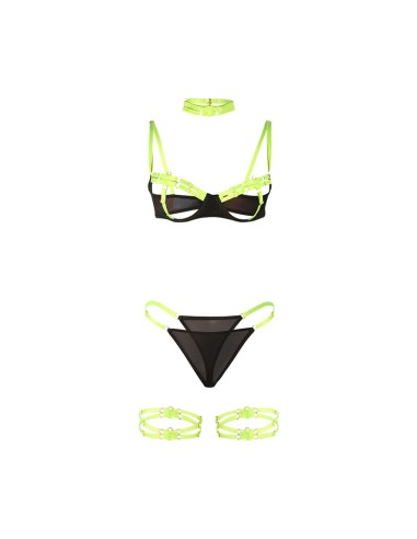 SUBBLIME - 955274 SET SUJETADOR CON COLLAR Y DETALLES PARA PIERNAS VERDE FLUORESCENTE S/M 
