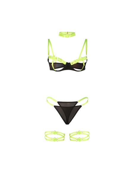 SUBBLIME - 955274 SET SUJETADOR CON COLLAR Y DETALLES PARA PIERNAS VERDE FLUORESCENTE S/M 