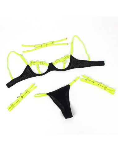 SUBBLIME - 955274 SET SUJETADOR CON COLLAR Y DETALLES PARA PIERNAS VERDE FLUORESCENTE S/M 