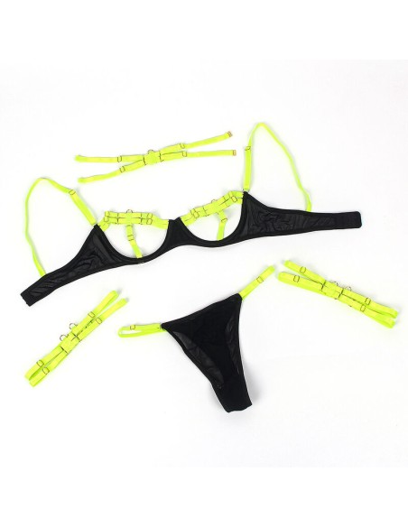 SUBBLIME - 955274 SET SUJETADOR CON COLLAR Y DETALLES PARA PIERNAS VERDE FLUORESCENTE S/M 