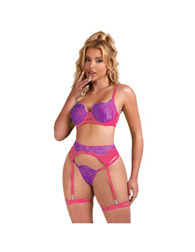 SUBBLIME - 955359 SET SUJETADOR CON ENCAJE Y LIGUEROS ROSA Y MORADO S/M 