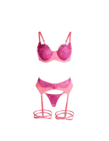SUBBLIME - 955359 SET SUJETADOR CON ENCAJE Y LIGUEROS ROSA Y MORADO S/M 