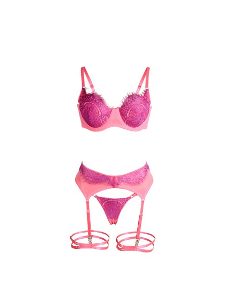 SUBBLIME - 955359 SET SUJETADOR CON ENCAJE Y LIGUEROS ROSA Y MORADO S/M 
