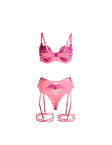 SUBBLIME - 955359 SET SUJETADOR CON ENCAJE Y LIGUEROS ROSA Y MORADO S/M 