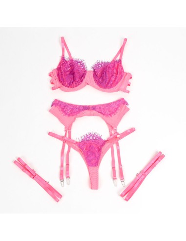 SUBBLIME - 955359 SET SUJETADOR CON ENCAJE Y LIGUEROS ROSA Y MORADO S/M 
