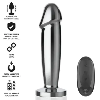 INTENSE - PLUG ANAL 10 VIBRACIONES METAL EN FORMA DE DILDO CON CONTROL REMOTO M 