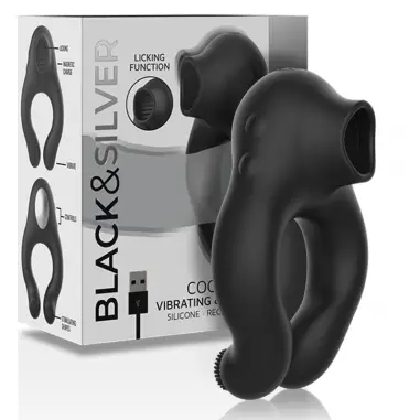 BLACK&SILVER - ANILLO VIBRADOR SILICONA 3 MOTORES RECARGABLE NEGRO 