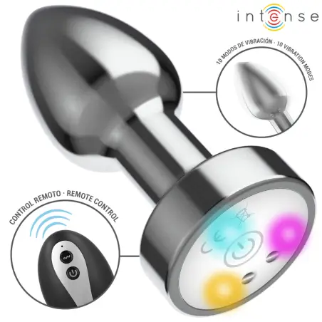 INTENSE - PLUG ANAL TALLA M DE METAL VIBRADOR CON LUCES LED MULTICOLOR Y CONTROL REMOTO 