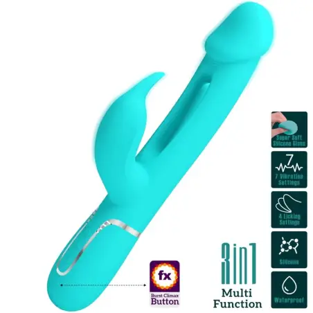 PRETTY LOVE - KAMPAS VIBRADOR RABBIT 3 EN 1 MULTIFUNCIÓN CON LENGUA VERDE AGUA 
