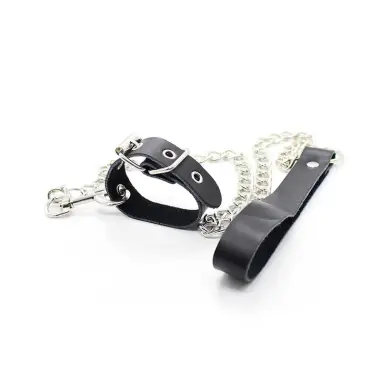 OHMAMA FETISH - COLLAR PARA PENE Y CORREA PIEL CON CADENA METALICA 